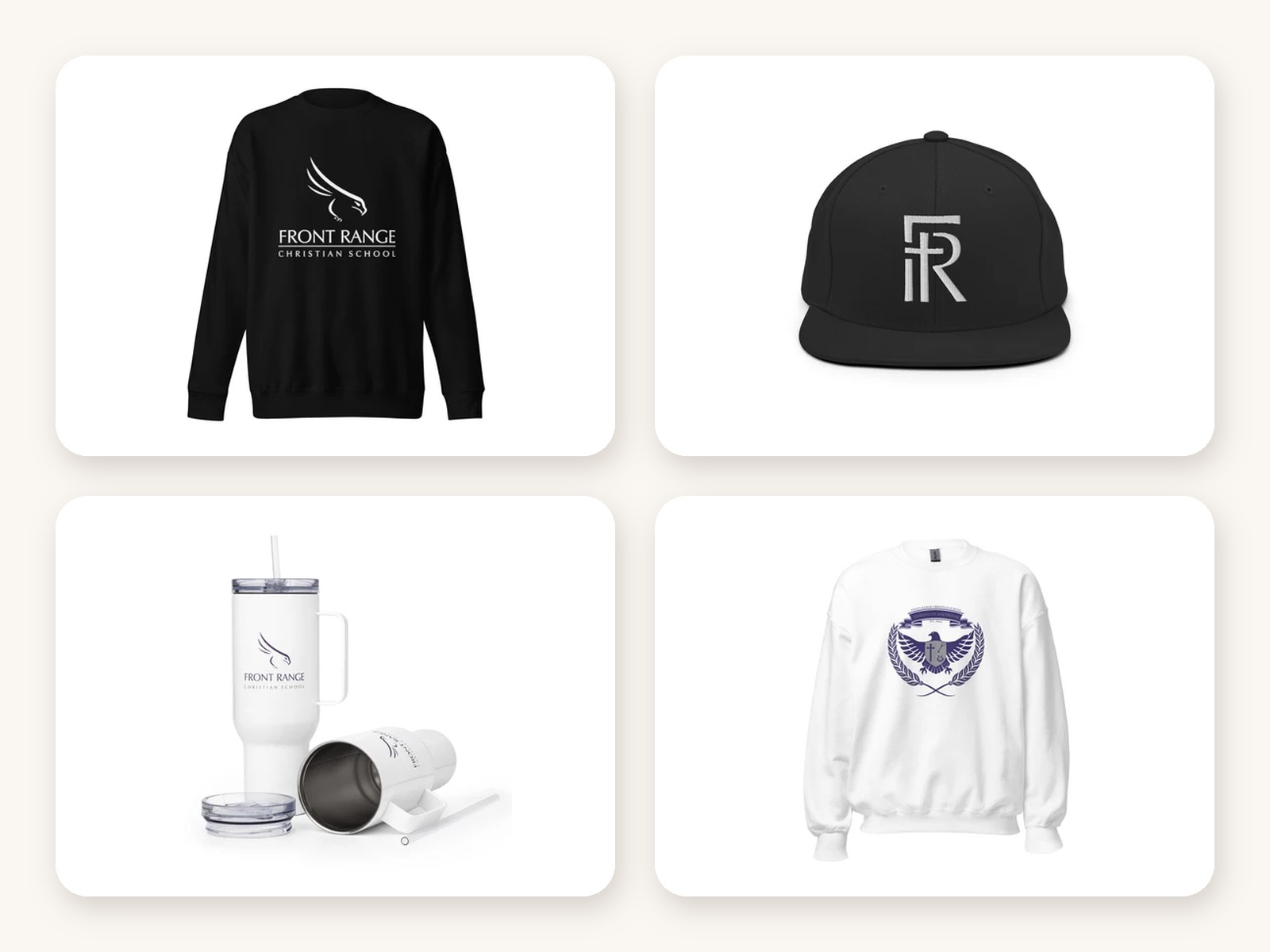 Black FRCS falcon crewneck, FR snapback hat, travel tumbler, and white crest sweatshirt