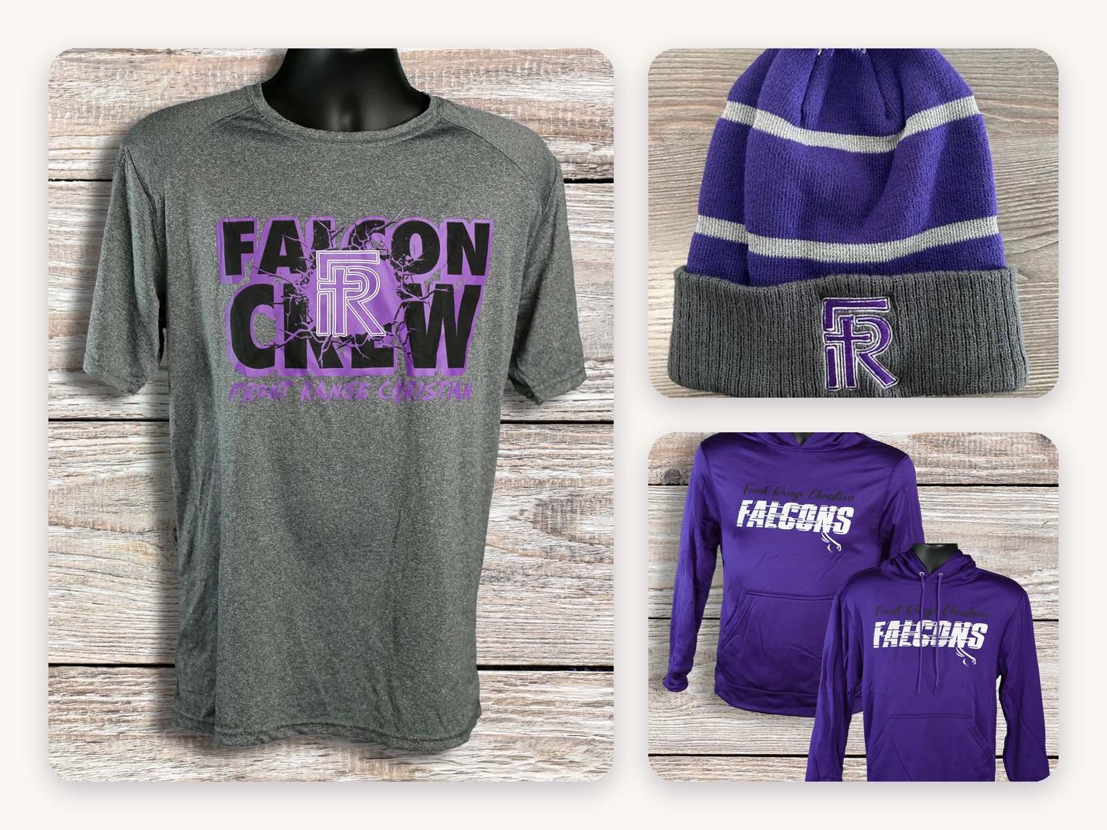 Grey Falcon Crew tee, purple FR striped beanie, and purple Falcons hoodies